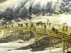 アンティーク　東海道五十三次模様肩裏本場泥大島紬男物羽織